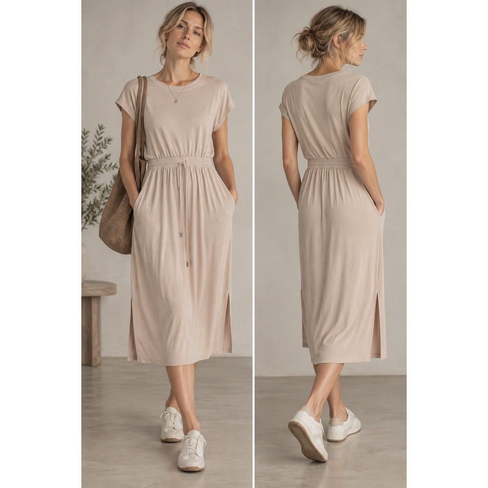 Evereve Kiara T Shirt Dress M Bone Ivory Minimalist Quiet Luxury Capsule Casual